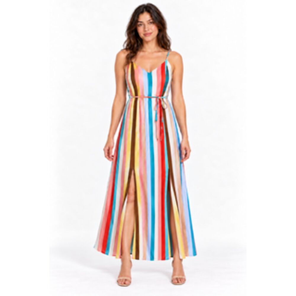 Striped Maxi Dress Tie Waist Double Slit